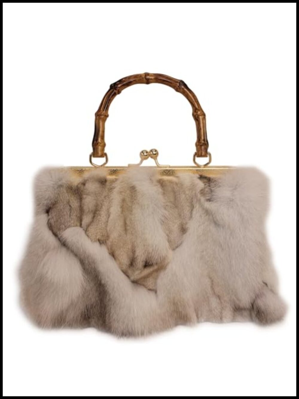 Real Fox Fur Handbag Vintage Kisslock Purse Bamboo Handle Patchwork